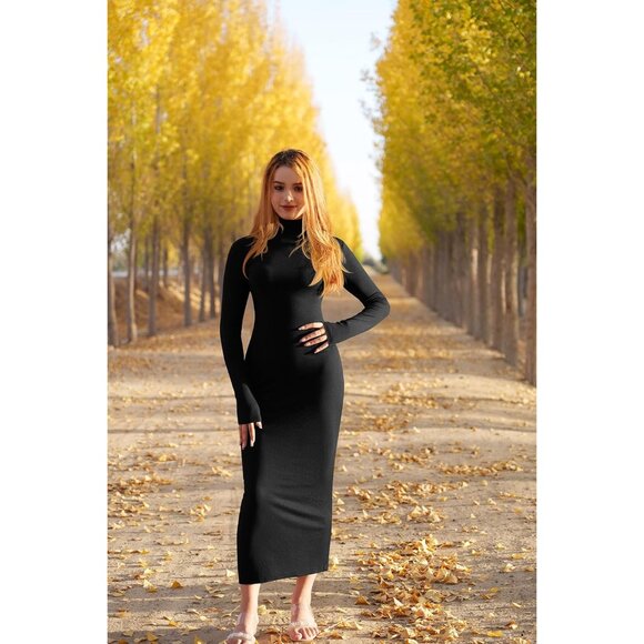 Women's Ribbed Turtleneck Dress Slim Fit Long Sleeve Bodycon Fall Casual - Picture 4 of 8